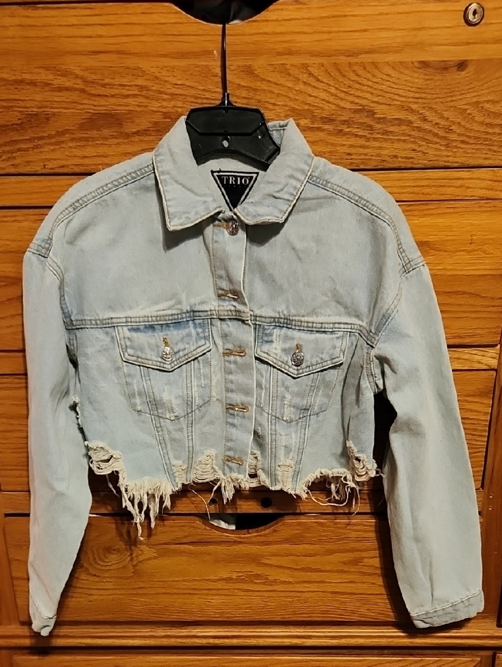 TRIO Distressed Light Wash Stay Wild Cropped Denim Jacket